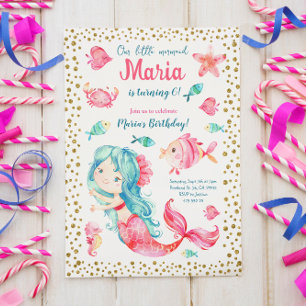 Pink Mermaid Sea Girl Birthday Invitation