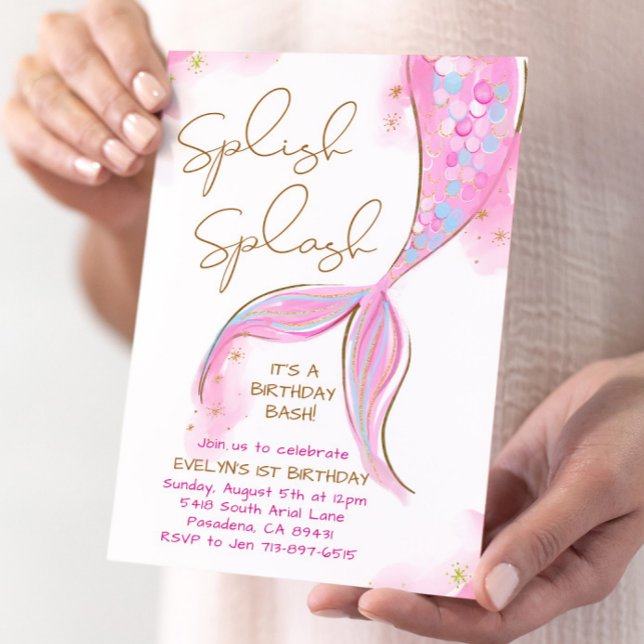Pink Mermaid Splish Splash Girl Birthday Invitation (Creator Uploaded)