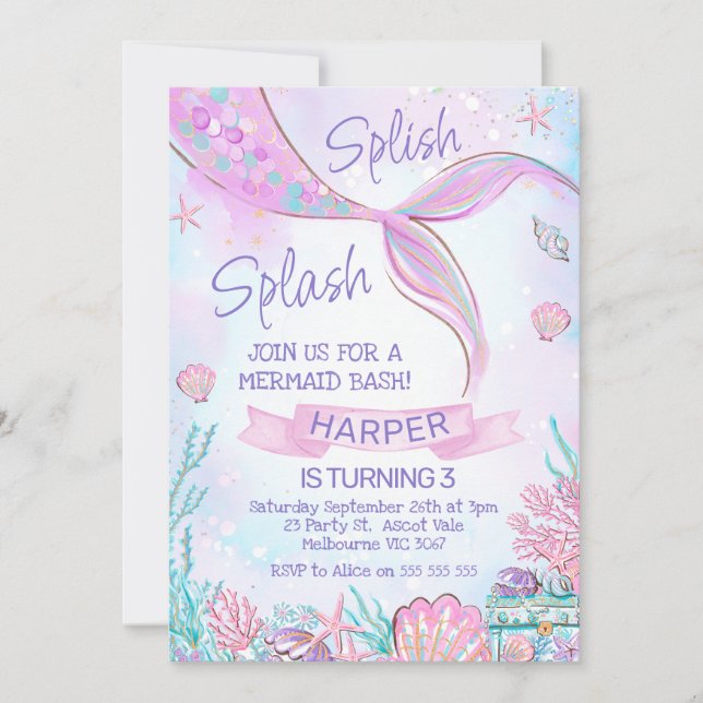 Pink Mermaid Tail Under The Sea Birthday Invitation (Front)