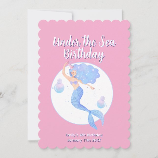 Pink Mermaid Theme Kids Birthday Party Invitation (Front)