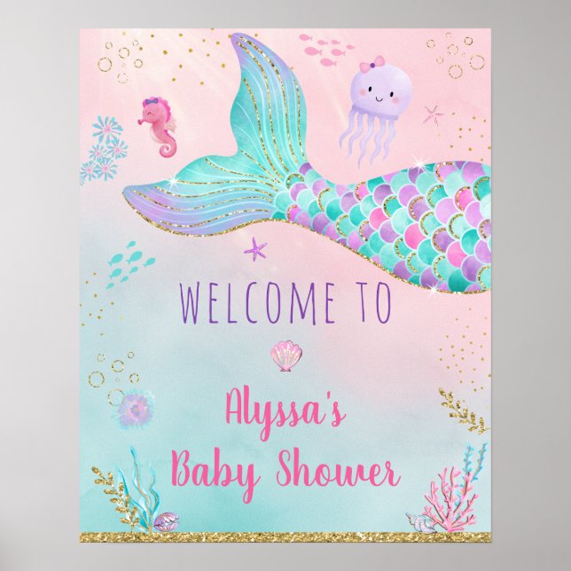Pink Mermaid Under The Sea Baby Shower Welcome Poster (Front)