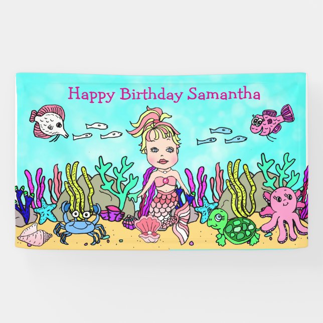 Pink Mermaid Under the Sea Birthday Banner (Horizontal)