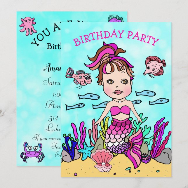 Pink Mermaid Under the Sea Birthday Party Invitation (Front/Back)
