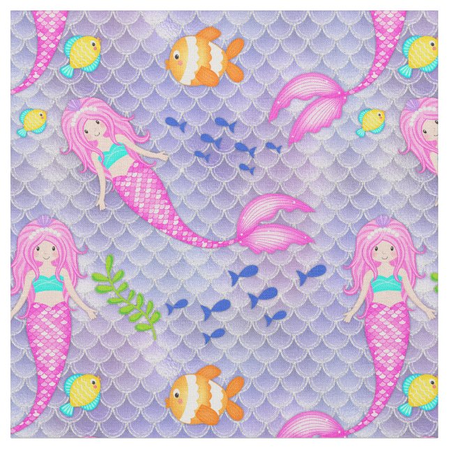 Pink Mermaids Fabric (Close Up)