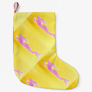 pink mermaids on yellow small christmas stocking