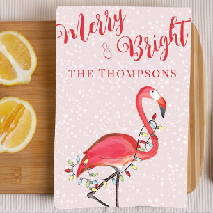 Pink Merry and Bright Flamingo Personalised Tea Towel