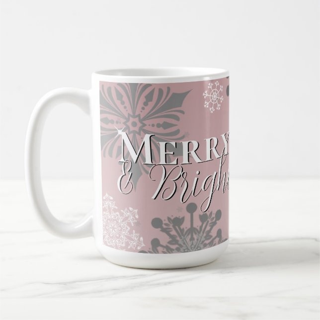Pink Merry and Bright Snowflakes Christmas Coffee Mug (Left)