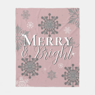 Pink Merry and Bright Snowflakes Christmas Fleece Blanket