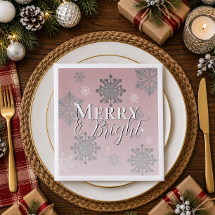 Pink Merry and Bright Snowflakes Christmas Napkin