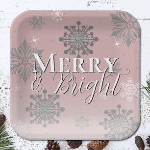 Pink Merry and Bright Snowflakes Christmas Paper Plate