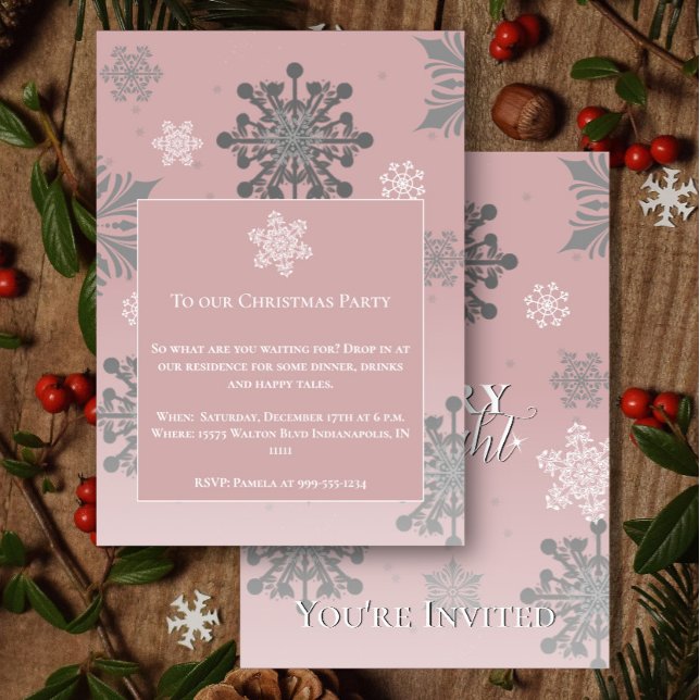 Pink Merry and Bright Snowflakes Christmas Party Invitation (Pink Merry and Bright Snowflakes Christmas Party Invitation)