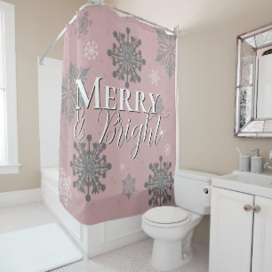 Pink Merry and Bright Snowflakes Christmas Shower Curtain