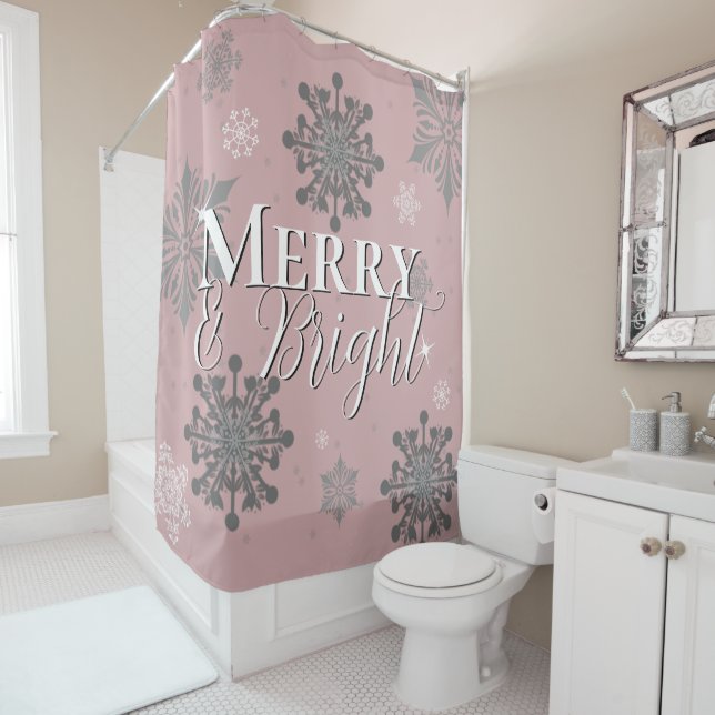 Pink Merry and Bright Snowflakes Christmas Shower Curtain (In Situ)
