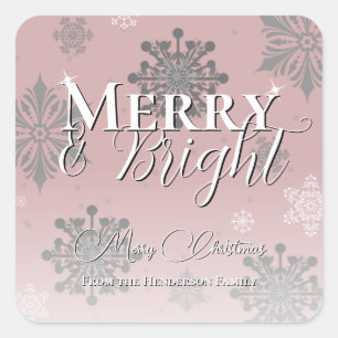 Pink Merry and Bright Snowflakes Christmas Square Sticker