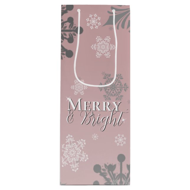 Pink Merry and Bright Snowflakes Christmas Wine Gift Bag (Front)