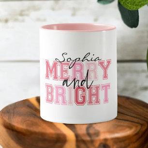 Pink Merry And Bright Typography Groovy Christmas Mug