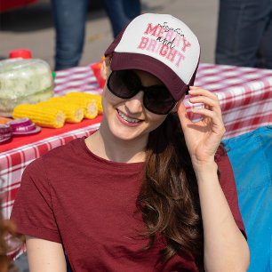 Pink Merry And Bright Typography Groovy Christmas Trucker Hat