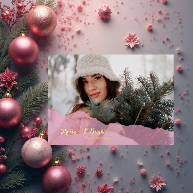 pink Merry & Bright Christmas family Photo gold Foil Holiday Card (Creator Uploaded)