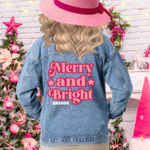 Pink Merry & Bright Christmas Personalized Name Denim Jacket