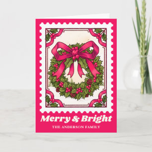 Pink Merry & Bright Christmas Wreath Postage Stamp Holiday Card