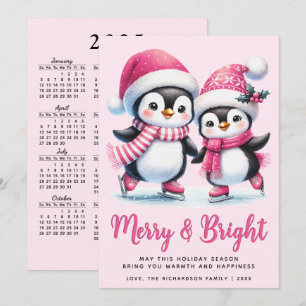 Pink Merry Bright Ice Skating Penguins Christmas Holiday Card