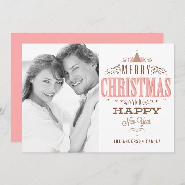 Pink Merry Christmas and a Happy New Year Photo Holiday Card (Front/Back)