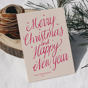 Pink Merry Christmas and Happy New Year signature Holiday Card