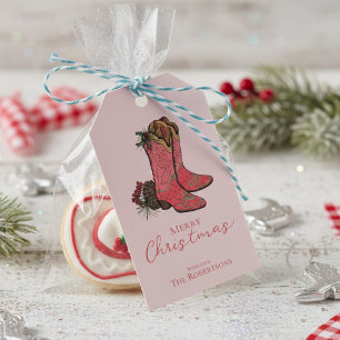 Pink Merry Christmas Cowgirl Boots and Plaid Gift Tags
