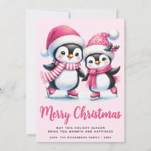 Pink Merry Christmas Cute Ice Skating Penguins Holiday Card