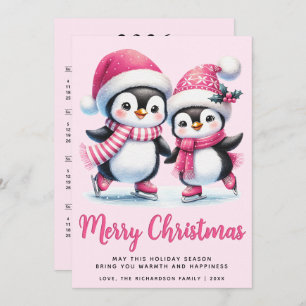 Pink Merry Christmas Cute Ice Skating Penguins Holiday Card