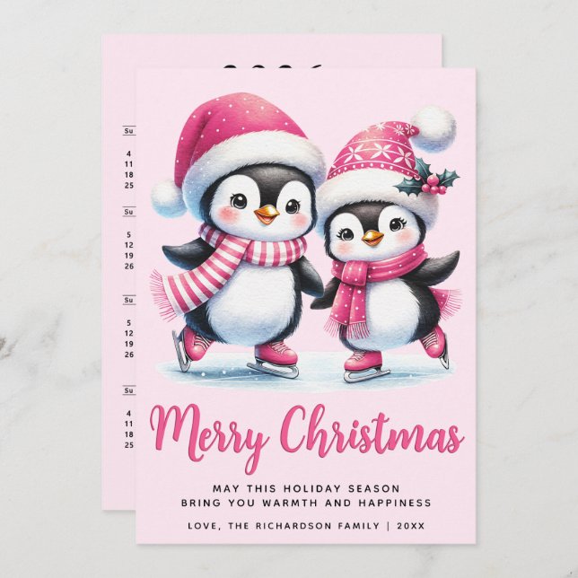 Pink Merry Christmas Cute Ice Skating Penguins Holiday Card (Front/Back)