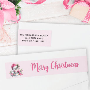 Pink Merry Christmas Cute Penguin Address Wrap Around Label