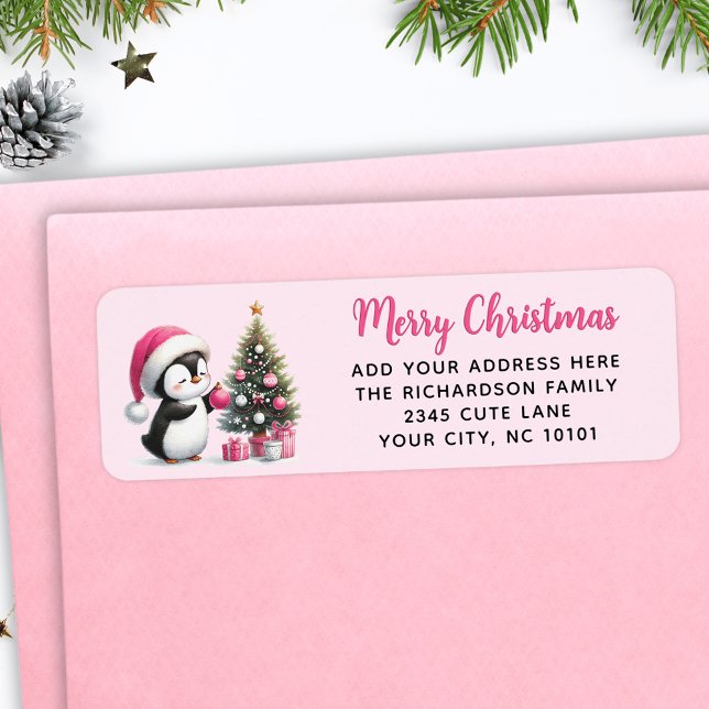 Pink Merry Christmas Cute Penguin Elegant Modern (Creator Uploaded)