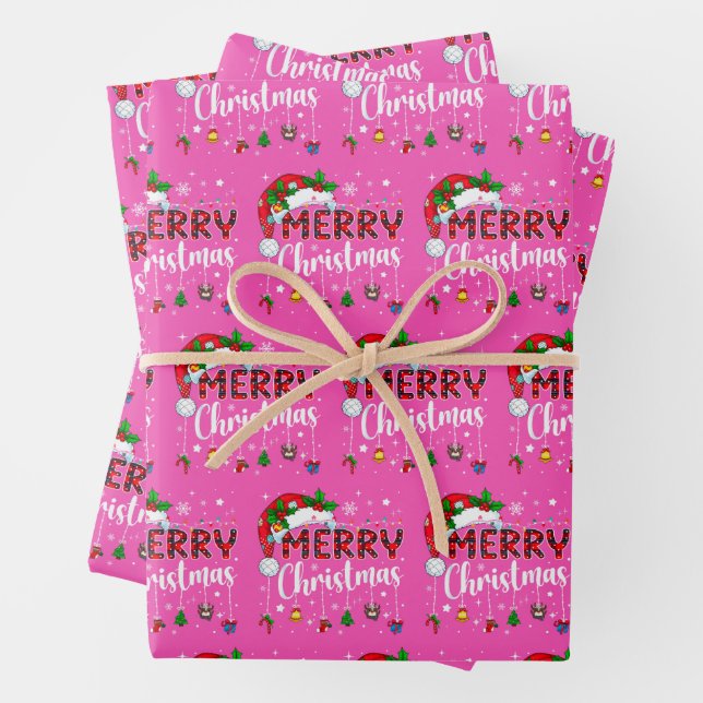 Pink Merry Christmas Santa Hat Reindeer Xmas Pink Wrapping Paper Sheet (In situ)