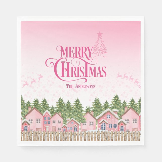 Pink Merry Christmas Village Party Paper Napkins (Front)