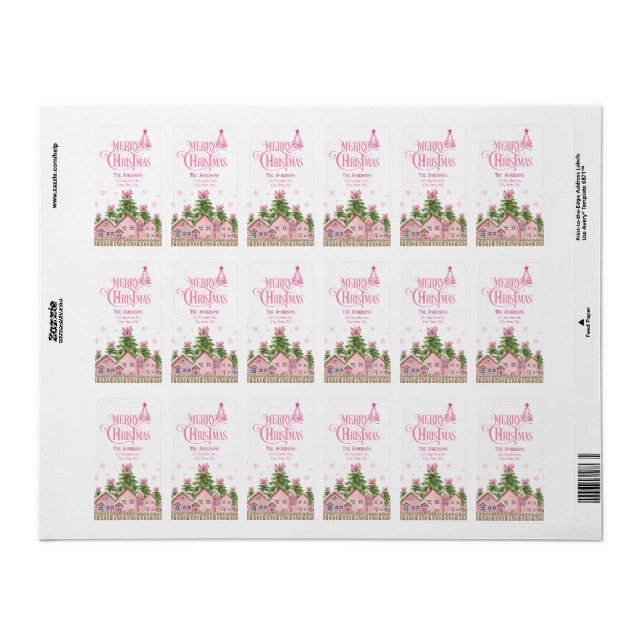 Pink Merry Christmas Village Tree Address Labels (Full Sheet)