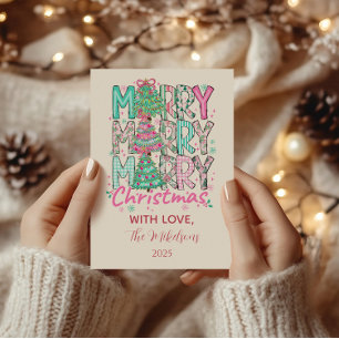 Pink Merry Merry Christmas Tree Holiday Card