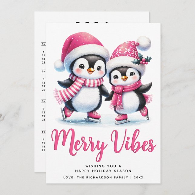 Pink Merry Vibes Ice Skating Penguins Christmas Holiday Card (Front/Back)