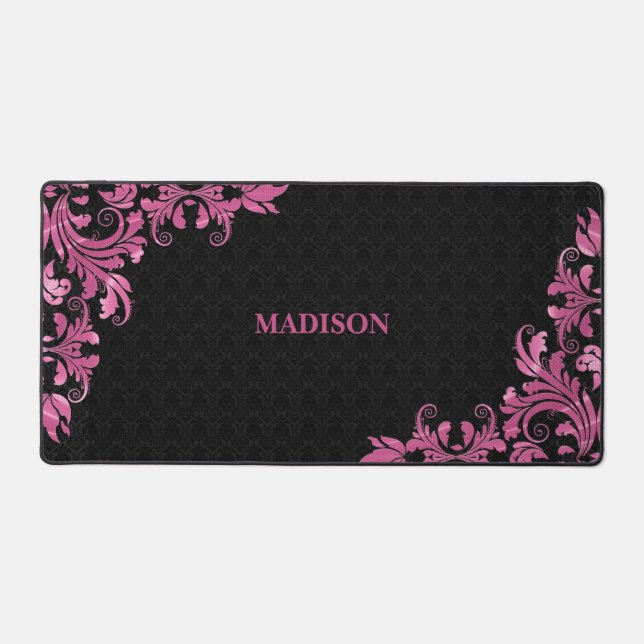 Pink Metal Lace Black Damask Desk Mat (Front)