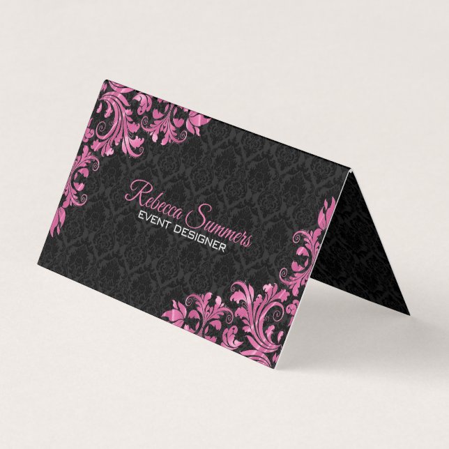Pink Metal Lace Black Floral Damask Business Card (Front)