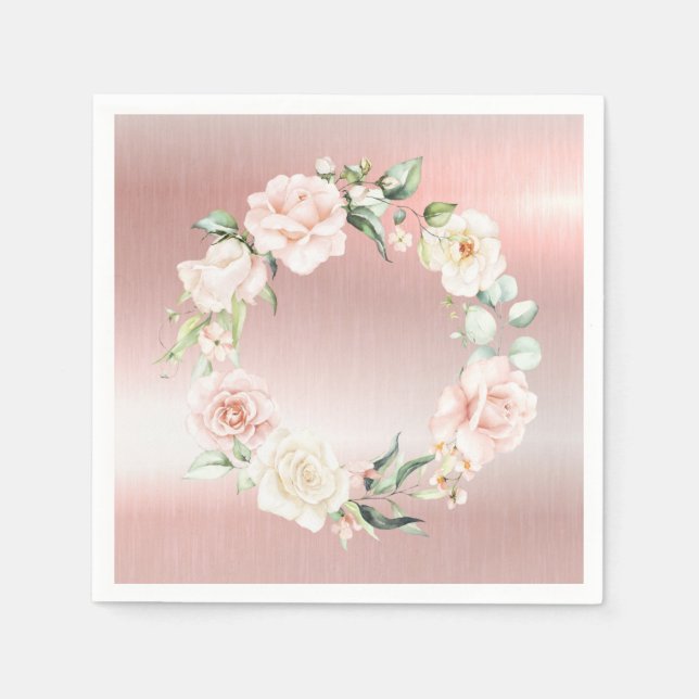 Pink Metallic Floral Blush Watercolor Baby Shower Napkin (Front)