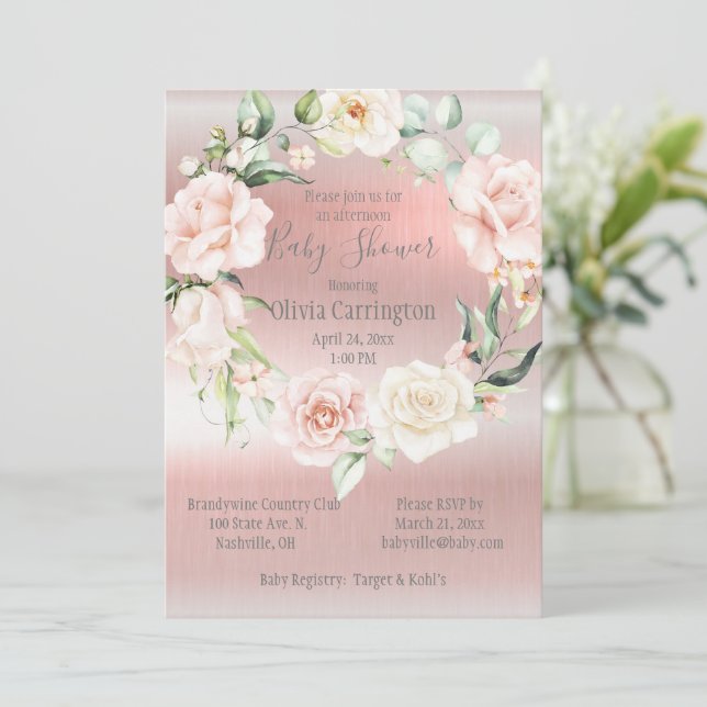 Pink Metallic Floral Script Elegant Baby Shower Invitation (Standing Front)