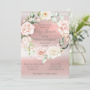 Pink Metallic Floral Script Elegant Baby Shower Invitation