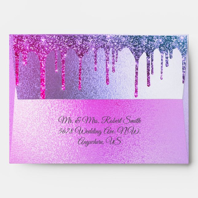 Pink Metallic Glitter Drip Elegant Chic Wedding  Envelope (Back (Top Flap))
