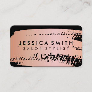 Pink Metallic Rose Gold and Black Brush Square Bus Business Card