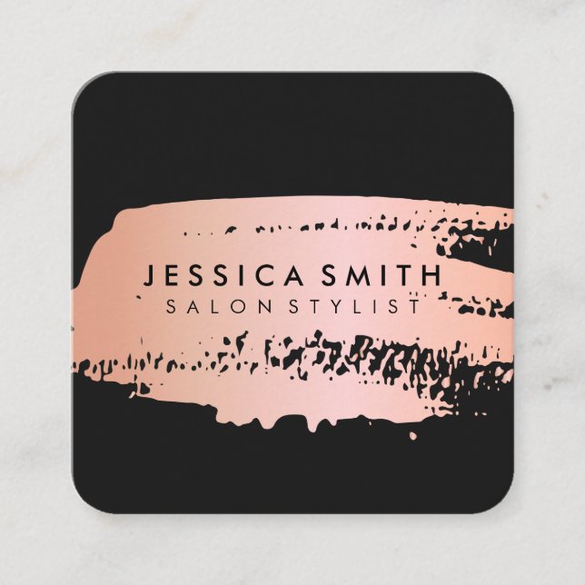 Pink Metallic Rose Gold and Black Brush Square Business Card (Front)