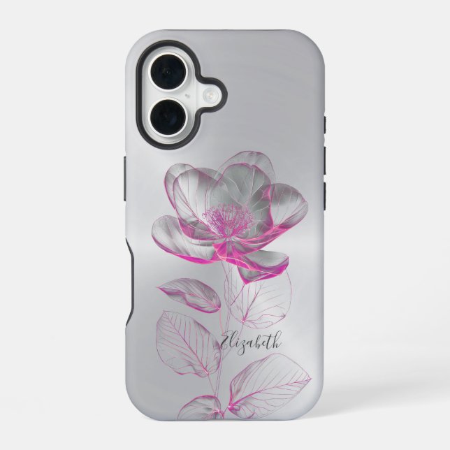 Pink Metallic Rose Silver Add Name  iPhone 16 Case (Back)