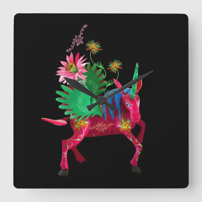 Pink Mexican Alebrije  Wooden Box Sign Square Wall Clock (Front)