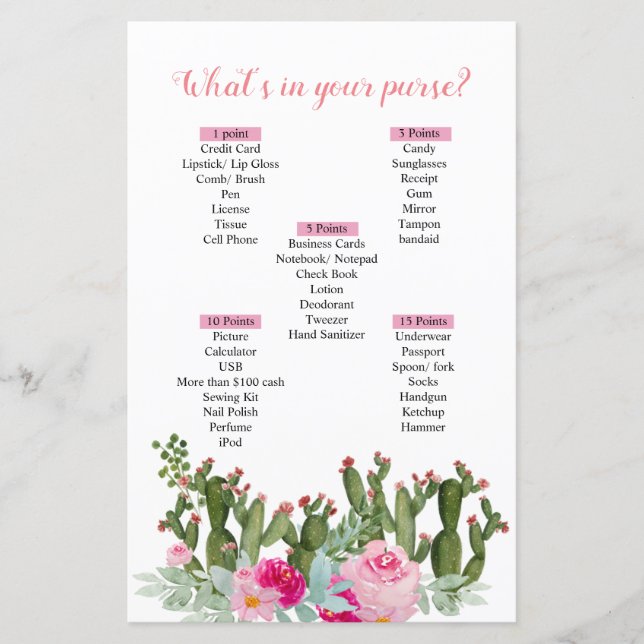 Pink Mexican cactus What's In Your Purse game (Front)