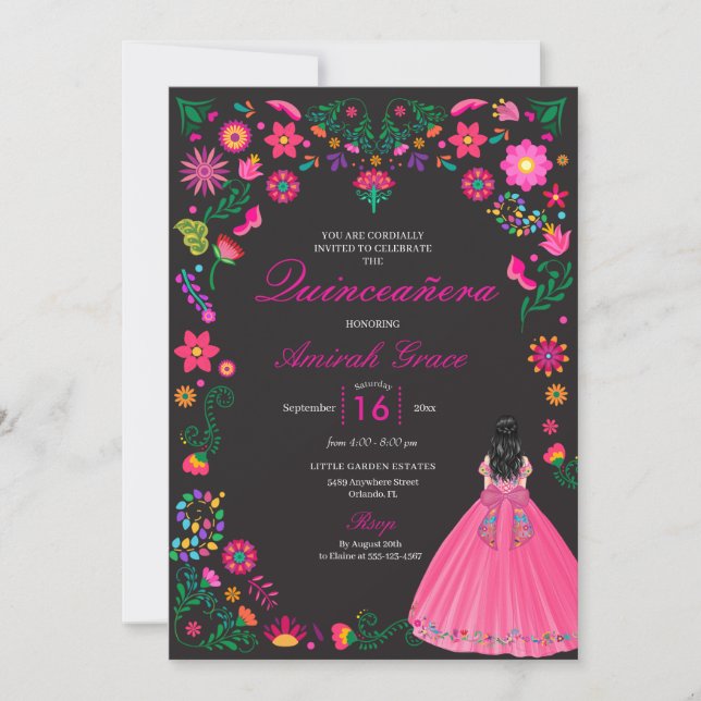 Pink Mexican Embroidery Quinceañera Invitation (Front)
